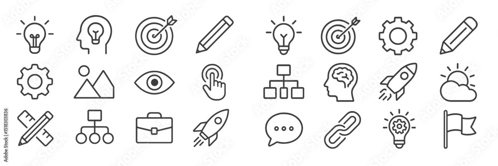 Poster collection of minimalistic line icons representing creativity, ideas, and project planning in a mode