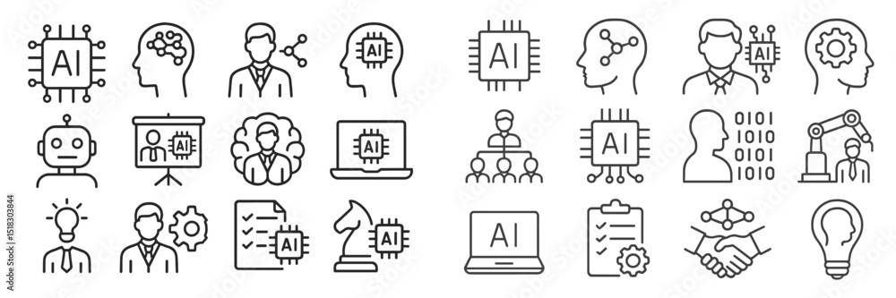 Poster icons representing artificial intelligence concepts in various professional contexts and activities