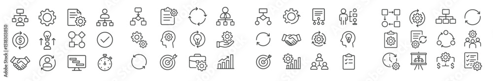 Leinwandbilder Collection of line icons representing various business concepts and team activities in a modern workspace setting