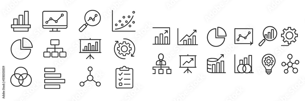 Poster line art icons representing data analysis tools and business analytics techniques for presentations