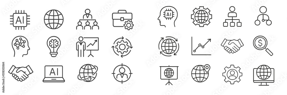 Poster collection of business and technology icons depicting artificial intelligence, global connectivity, 