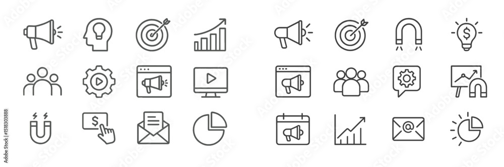 Poster Concepts of marketing and advertising represented through icons in a clean design on a white background
