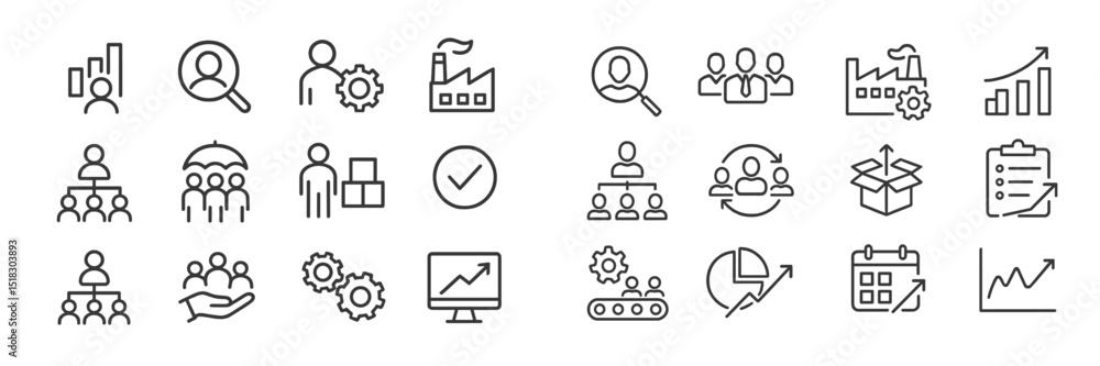 Poster Diverse set of line icons representing business concepts, teamwork, production, and analytics in a corporate environment