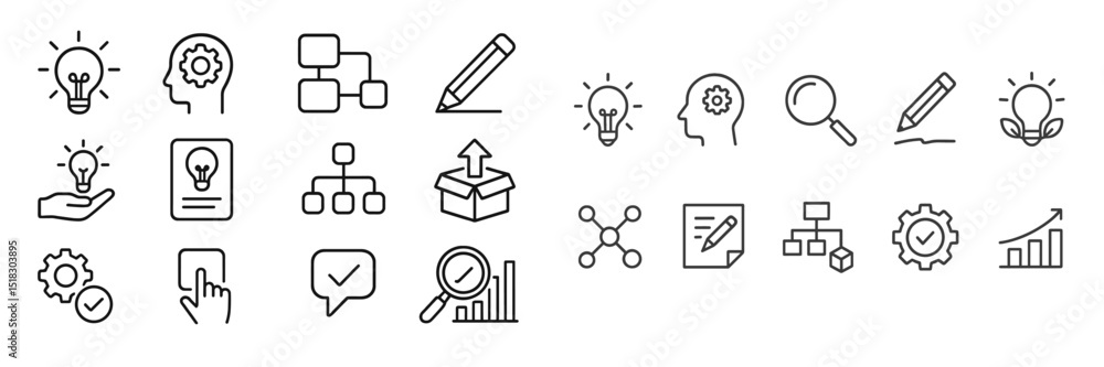 Poster illustrations depicting creative thinking, problem-solving, and project planning in a digital worksp