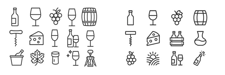 Collection of wine and cheese icons featuring glasses, bottles, and barrels for a cozy gathering or tasting event