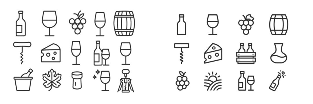 Collection of wine and cheese icons featuring glasses, bottles, and barrels for a cozy gathering or tasting event