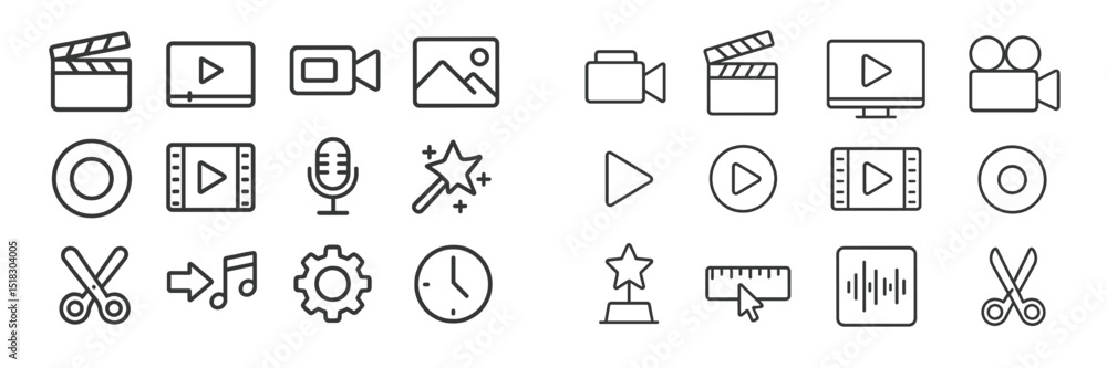 Poster collection of multimedia production icons showcasing various aspects of video and audio creation