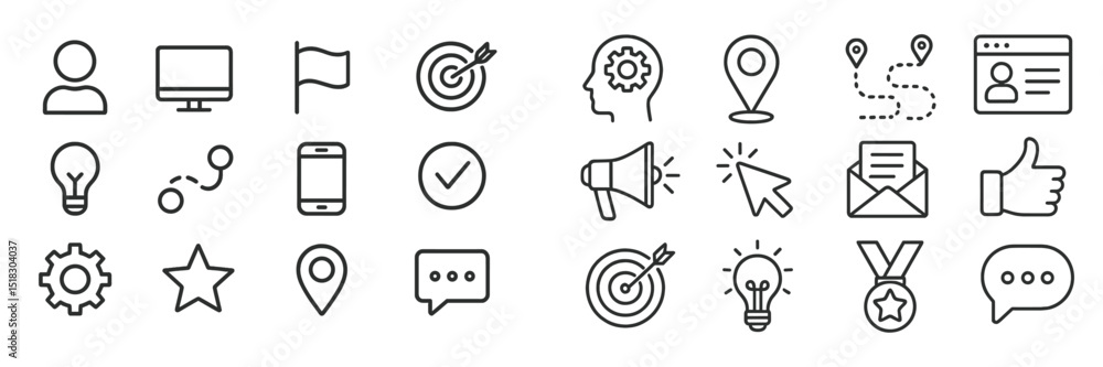 Poster collection of minimalist icons representing various concepts such as technology, communication, and 