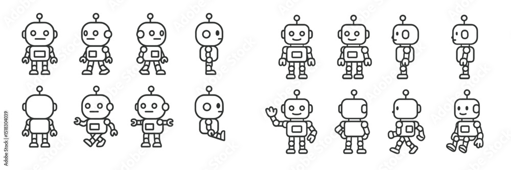 Aufkleber cute cartoon robots showcasing different emotions and poses in a playful design suitable for childre