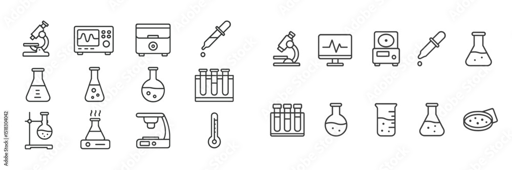 Poster scientific equipment icons illustrating laboratory tools and instruments for research and experiment