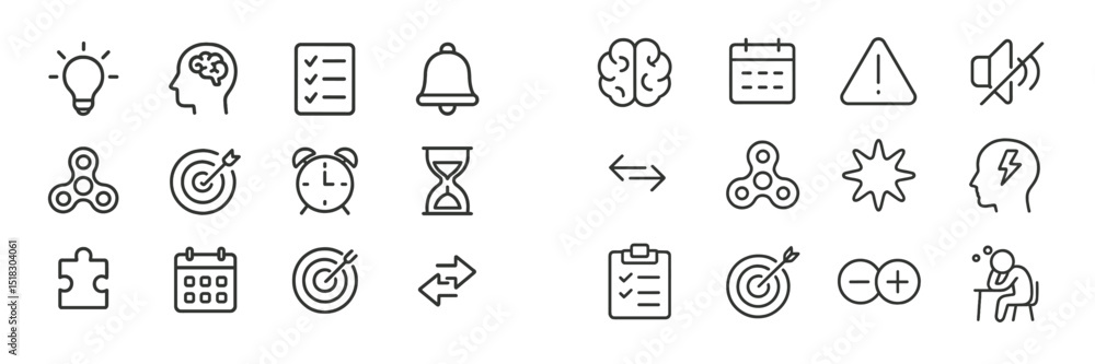 Poster Visual representation of productivity concepts showcasing icons related to time management, focus, and brainstorming activities