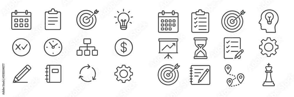 Poster collection of simple line icons depicting planning, strategy, and productivity elements for various 