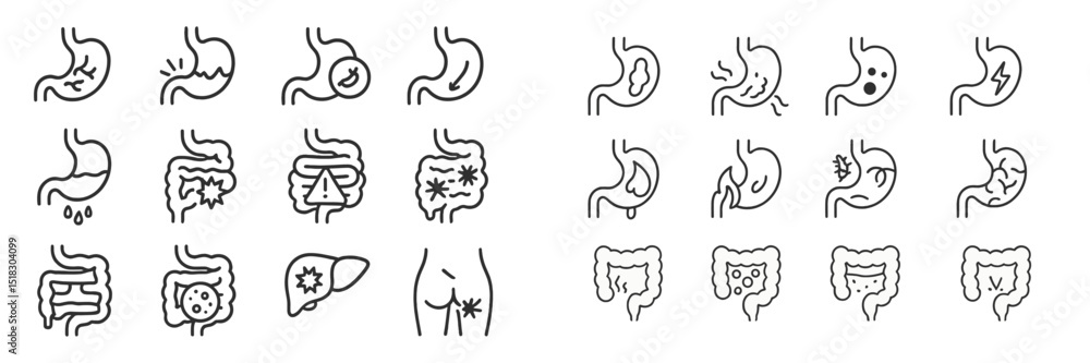 Poster illustrations of various digestive system conditions and symptoms with anatomical representations an