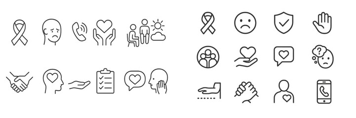 Various icons representing mental health awareness, support, and community engagement in an educational context