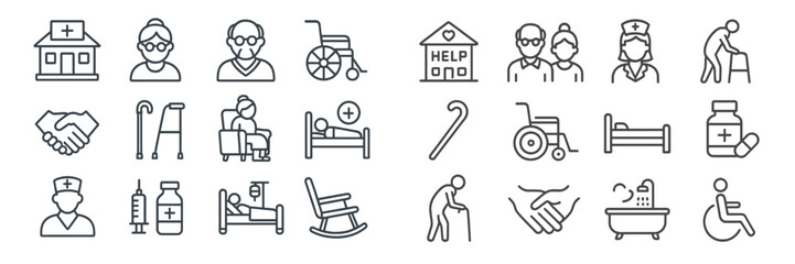 Collection of healthcare and assistance icons depicting care, support, and medical services for elderly patients and their caregivers