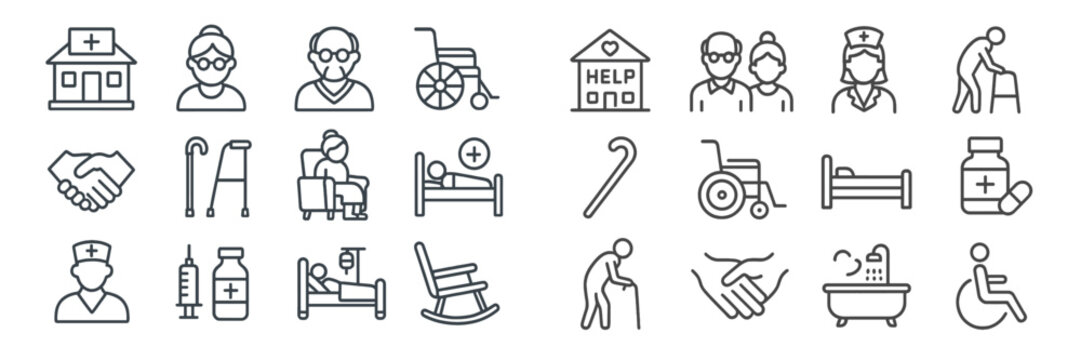 Collection of healthcare and assistance icons depicting care, support, and medical services for elderly patients and their caregivers
