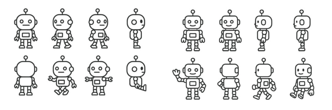 Cute cartoon robots showcasing different emotions and poses in a playful design suitable for children's content or animations
