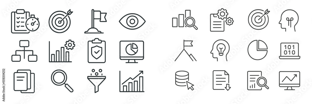 Poster Icons representing various business concepts and data analysis tools designed for enhancing productivity and organization