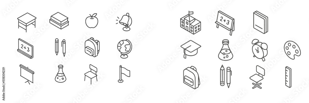 Poster educational icons representing various school-related items and activities in a simplified line art 