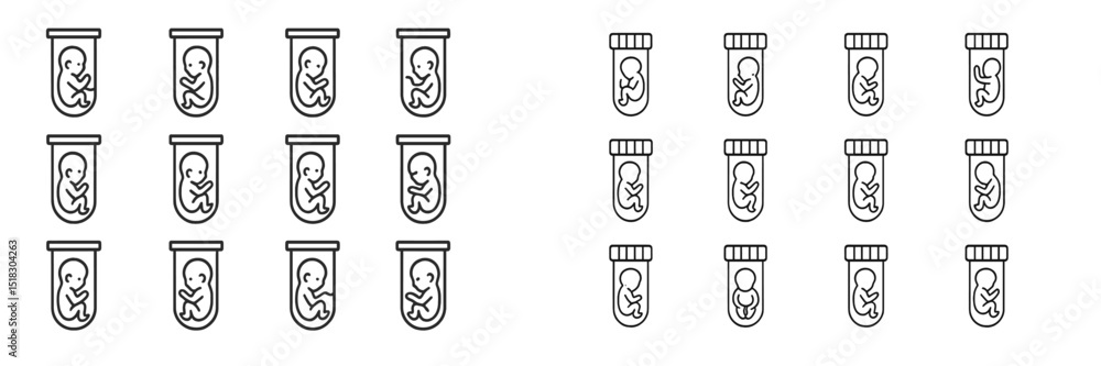 Poster collection of simplistic illustrations depicting embryos in test tubes arranged in organized rows fo