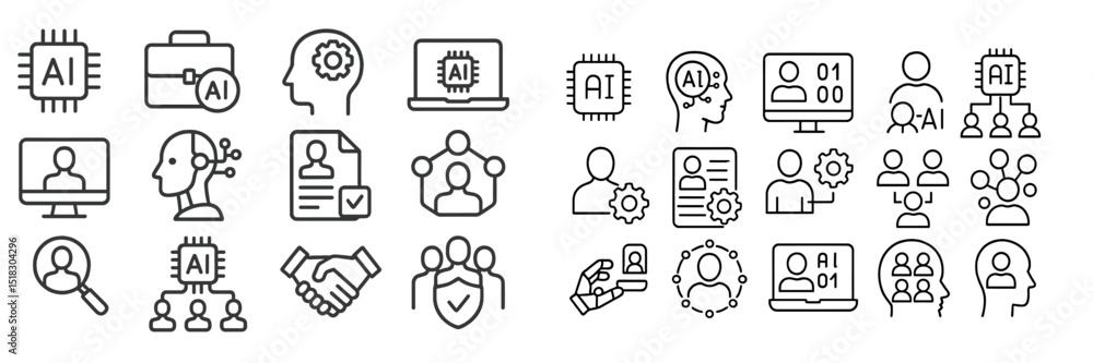 Poster Diverse concepts of artificial intelligence represented through minimalist line icons showcasing technology and collaboration