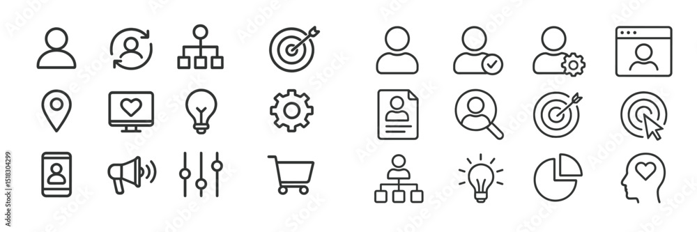 Aufkleber icons representing various business concepts and digital activities in a minimalist design ideal for