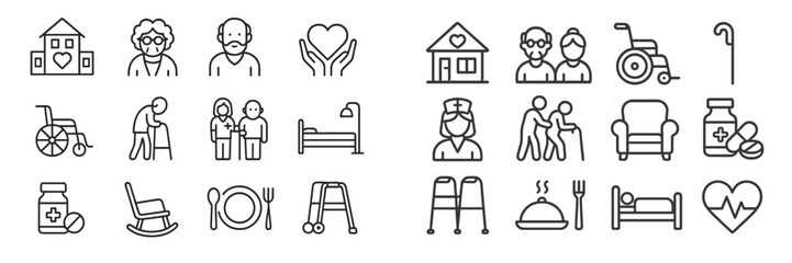Icons illustrating healthcare, elderly care, and support for seniors in various activities and settings