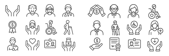 Icons representing care, health services, and support for elderly and disabled individuals in a simple line art style