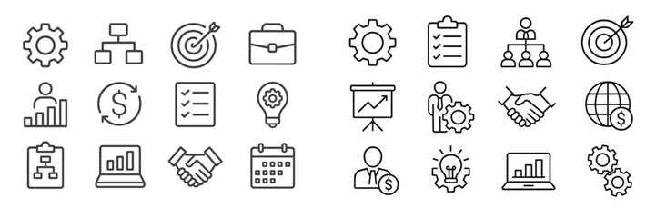Business icons for strategy planning and teamwork displayed in a clear layout to enhance productivity and organization skills