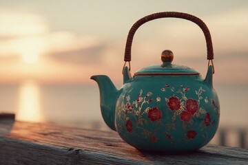 Vintage Teapot on Wooden Surface Against Sunset Backdrop