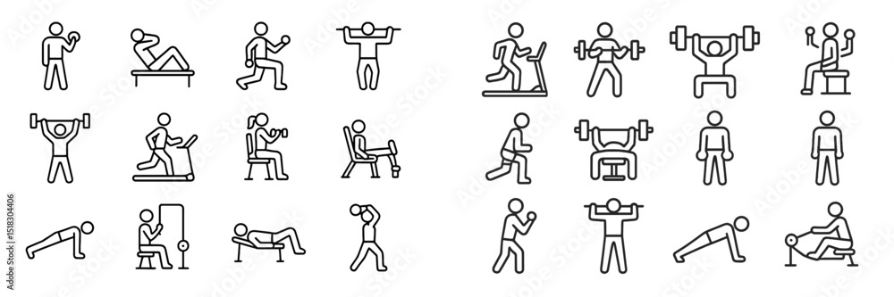 Poster simple line icons display various fitness activities in a gym setting, illustrating diverse workouts
