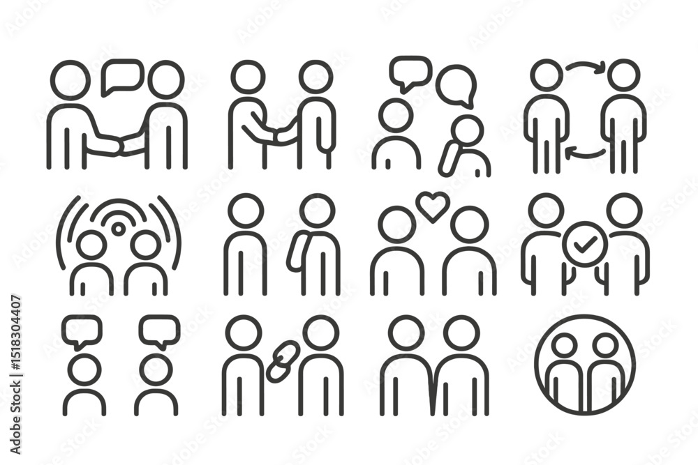 Poster various representations of human interactions depicted through simple line art designs in diverse sc