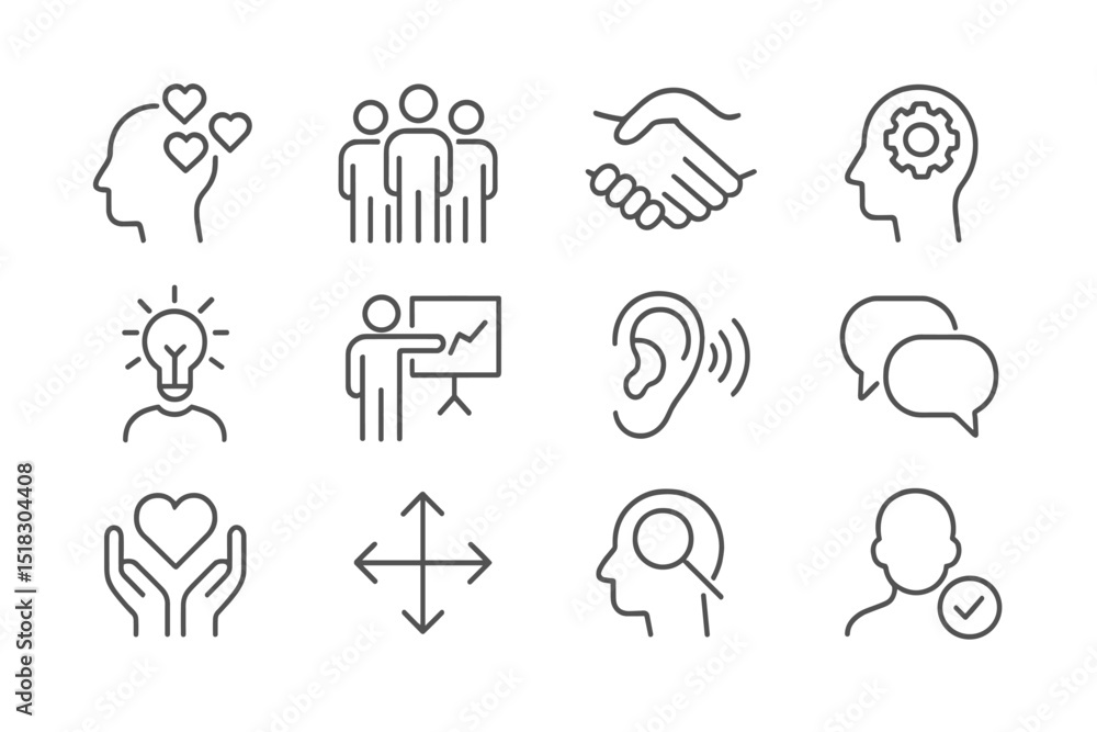 Poster icons representing various aspects of interpersonal relationships, communication, and teamwork in a 