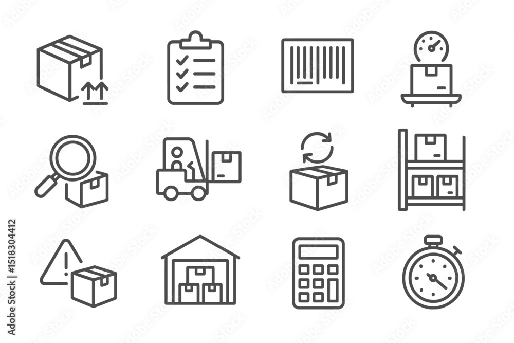 Poster collection of icons representing logistics and supply chain management activities in a warehouse set