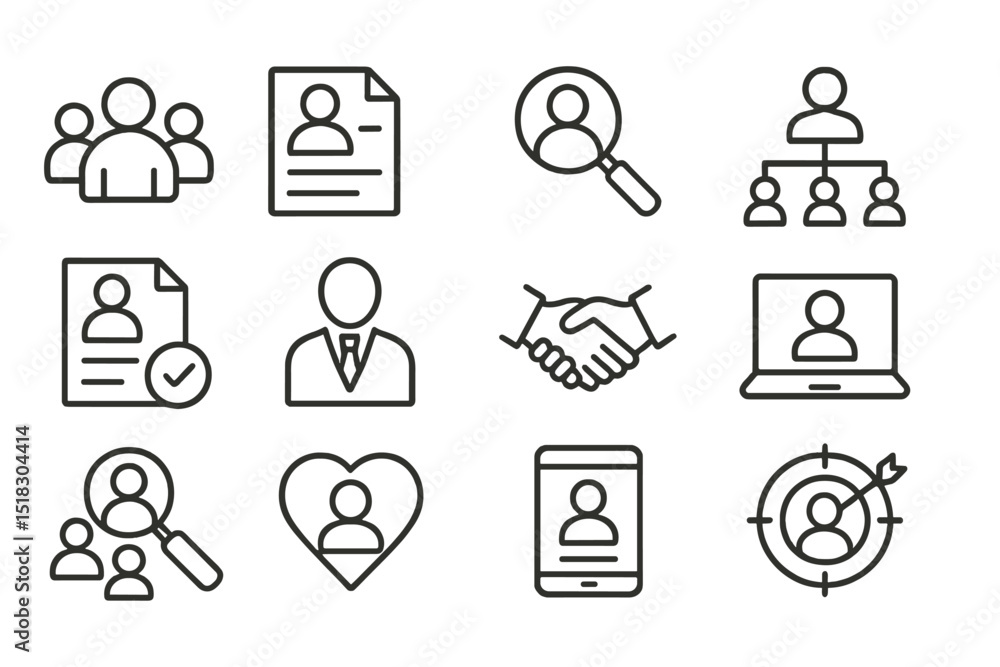 Poster Various icons depicting human resources and recruitment processes in a modern digital workspace setting