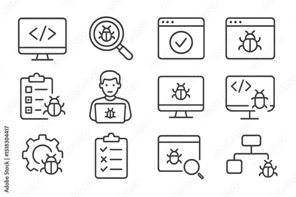 Poster Collection of bug tracking and debugging icons in a minimalistic design for software development