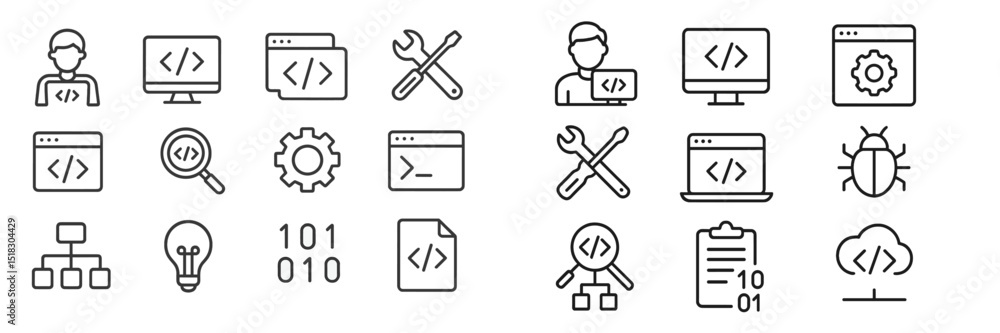 Poster icons depicting coding, software development, and technology tools in a minimalist style for digital