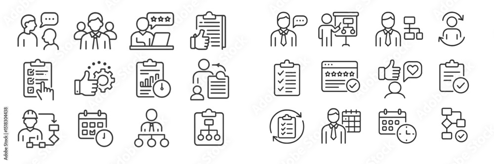 Aufkleber collection of various icons representing business activities and teamwork in a contemporary office s