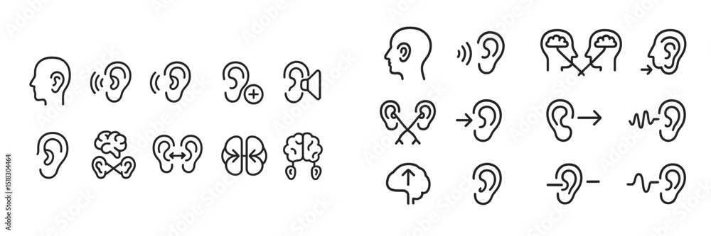 Poster exploring various ear-related icons for communication, sound, and perception in design elements