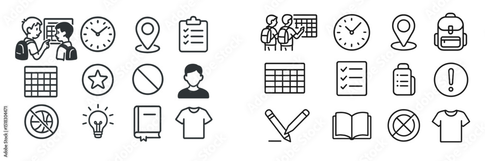 Poster icons representing school life and organization with students and educational elements in a simple b