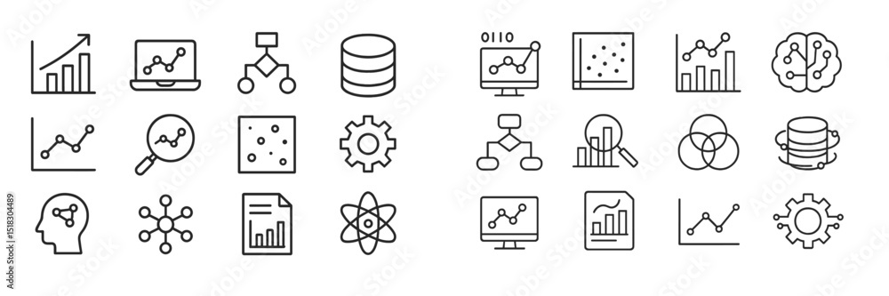 Poster collection of line icons representing data analysis, technology, and scientific concepts in a modern