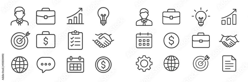Poster business and finance icons representing various professional activities and concepts in a minimalist