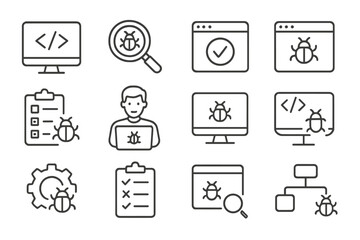Collection of bug tracking and debugging icons in a minimalistic design for software development