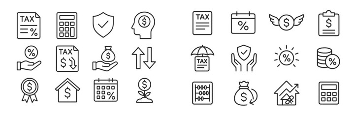 Fototapeta premium Financial icons representing tax, savings, and investment concepts on a white background, ideal for educational or professional use