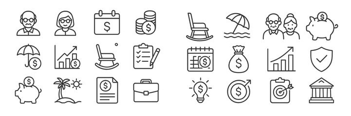 Collection of financial and retirement planning icons depicting various money-related activities and concepts