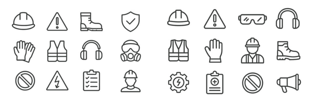 Safety equipment icons for workplace safety and health at construction sites in an organized layout