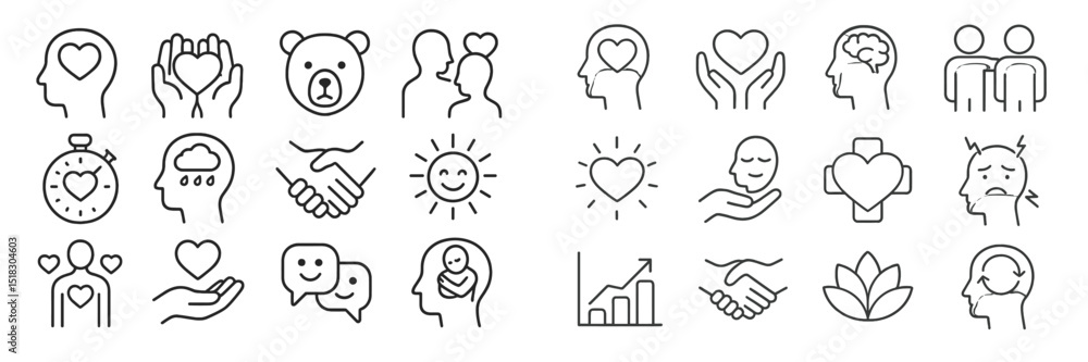 Poster collection of simple line art illustrations depicting various expressions of love, care, and connect