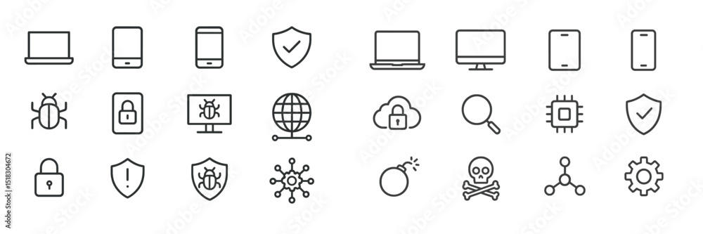 Aufkleber collection of cybersecurity icons representing various technology elements and security measures in 
