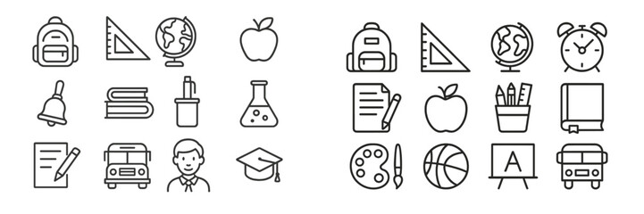 Educational icons representing various school subjects and activities designed for students and teachers in a classroom setting