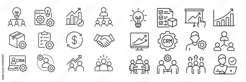 Poster collection of business icons representing technology, growth strategies, and customer relationships 